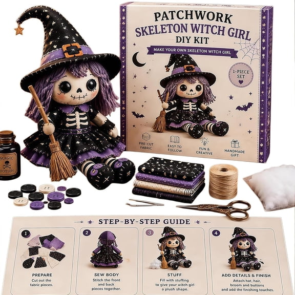 BESTSKY Patchwork Skeleton Witch Girl Diy Kit - Halloween Sewing Craft Kit for Adults and Teens, Beginner-Friendly Gothic Cute Handmade Doll Making Set (Skeleton Witch Girl)