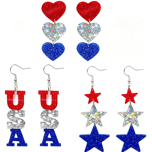 BESTSKY Patriotic Dangle Drop Stud Earrings 4Th of July Glitter Red White Blue Usa Star Heart American Flag Acrylic Jewelry Women Her Forth Independence Memorial Day Party Favor Gift