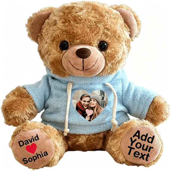 BESTSKY Personalized Bear Stuffed Animal with Picture Text Date, 11 Inch Customized Teddy Bear Plush Toys, Gift for Girlfriend, Boyfriend, Birthday, Anniversary, Valentines (Brown Blue Hoodie