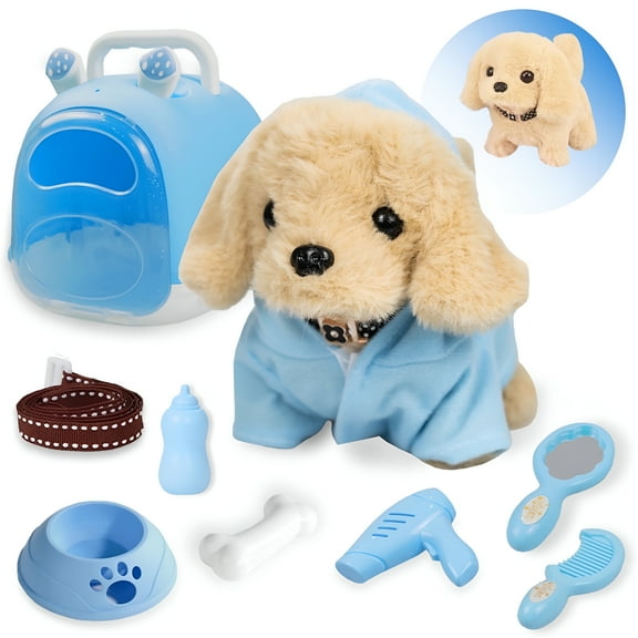 BESTSKY Pet Care Play Set,Little Plush Yellow Dog Grooming Toys with Puppy Carrier Feeding Dog Educational Toys for Toddler Kids