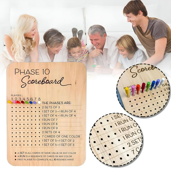 BESTSKY Phase 10 Score Board - Wooden Phase 10 Scorecard and Round Tracker for Family Board Card Games