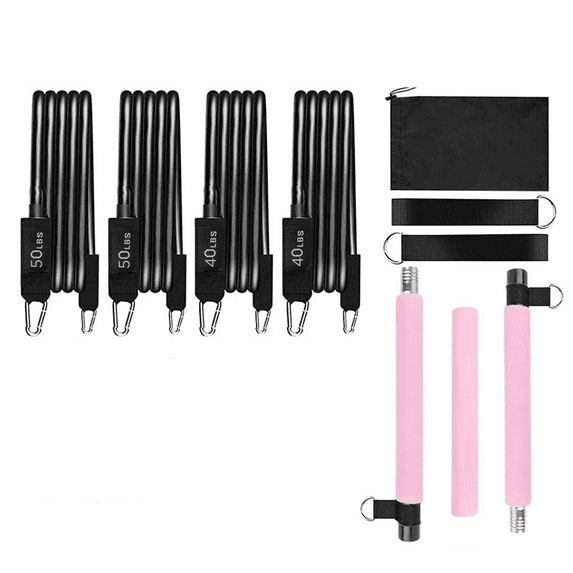 BESTSKY Pilates Bar Home Gym Workouts Stainless Steel Stick Squat Yoga Pilates Flexbands Kit Pilates Bar Kit with Resistance Bands for Women & Men Pink