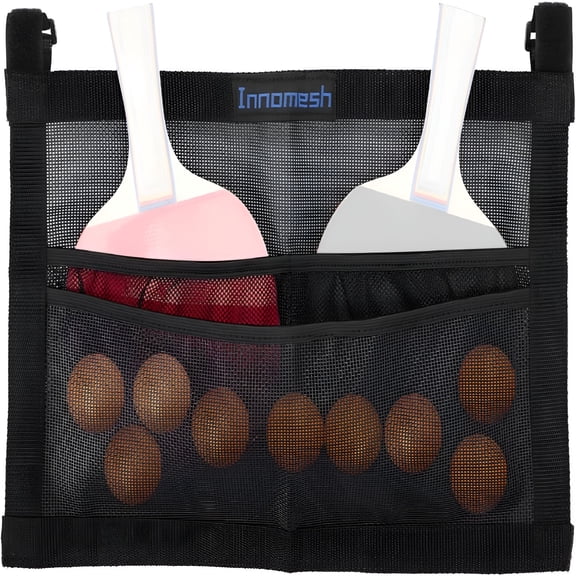 BESTSKY Ping Pong Paddle Case with Mesh Storage Bag, Under Table Tennis Racket Holder for Balls & Paddles, Hanging Pickleball Paddle Rack Organizer, Easy Install Ping Pong Ball Holder with Straps