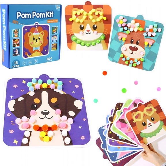 BESTSKY Pom Poms Craft Kit-18 Patterns Diy Art&Crafts Kit for Ages 3-6,Build Fine Motor Skills&Hand-Eye Coordination Creative Gift