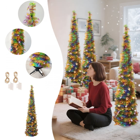 BESTSKY Pop Up Christmas Tree with Led String Lights,Tinsel Christmas Tree,Collapsible Artificial Pencil Tree Xmas Decoration for Home,Office,Party,Easy Assembly