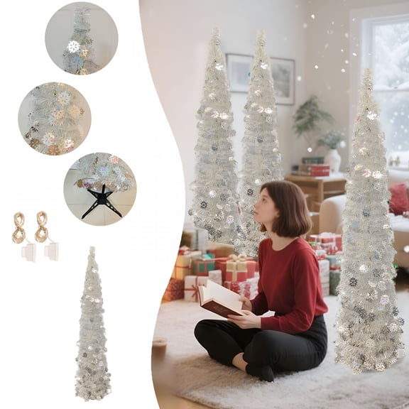 BESTSKY Pop Up Christmas Tree with Led String Lights,Tinsel Christmas Tree,Collapsible Artificial Pencil Tree Xmas Decoration for Home,Office,Party,Easy Assembly