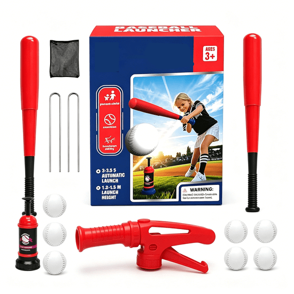 BESTSKY Pop Up Baseball Trainer Set for Kids,Backyard Fun,No Pitch Needed,Beginner Batting Practice Toy with Launcher,Bat,Balls&Carry Bag(Red)