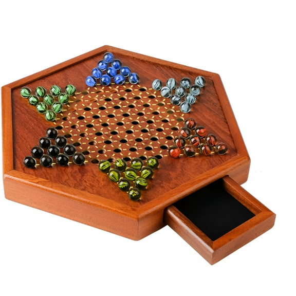 BESTSKY 2026 New Portable Chinese Checkers Board Game with Marbles Wooden Board Game Hex Chinese Checkers Family Game Set Drawer Storage