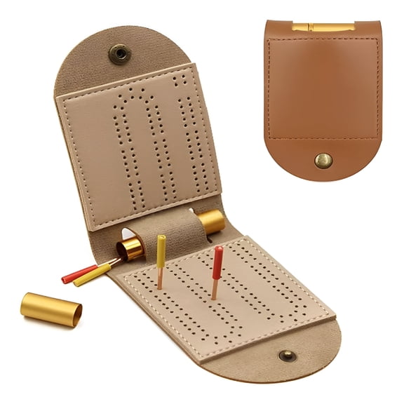 BESTSKY Portable Leather Travel Cribbage Board, Mini 2-Track Game Set with 4 Copper Pegs, Folding Coffee Table Game for Camping and Picnics, Brown