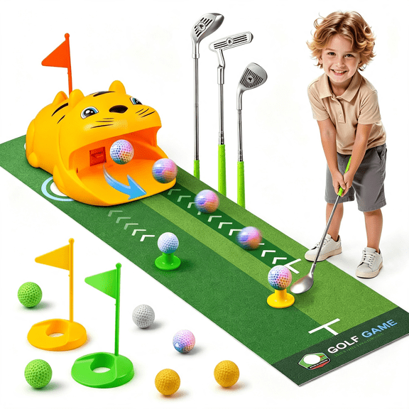 BESTSKY Putting Green Indoor with Toddlers Golf ClubsParty Game with Automatic Golf Bounce Back Machine,Outdoor Training Mats,Light Up Balls,Gifts for 3 Year Old Boy&Girl