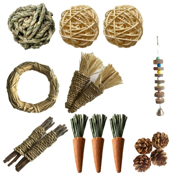 BESTSKY Rabbit Chew Toys,Handcrafted Apple Wood Chew Toys,Premium Rattan and Seaweed Guinea Pig Toys,Healthy Teeth Chew Toys for Active Rabbits