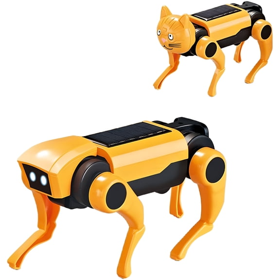 BESTSKY Remote Control Robot Dog RC Mechanical Animal Vehicle Electronic Pets,DIY Installation,Dog Cat 2 Heads,Kids Birthday Gifts Yellow Dual Power Supply of Solar Energy and Battery
