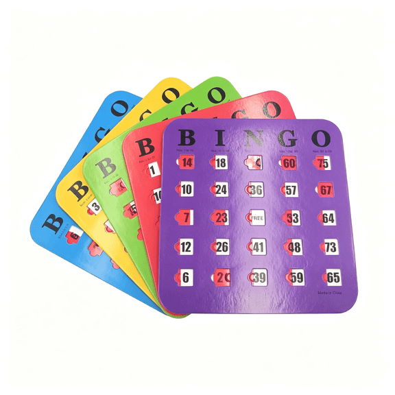 BESTSKY Shutter Slide Bingo Cards - 5 Pack Multi Color Extra Thick Stitched, Easy Read with Finger-Tip Sliding Windows Durable Bingo Cards