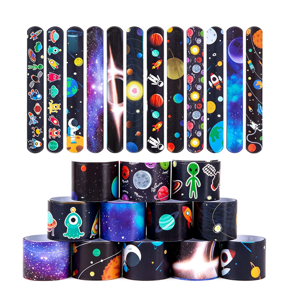 BESTSKY Slap Bracelets Bulk,48Pcs Snap Bracelets Space Party Favors,Ufo,Astronaut,Stars,Outer,Solar System Theme Party Favors for Kids,Classroom Prizes Treasure Box,Goodie Bag Stuffers