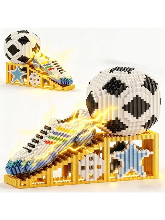 Soccer Ball with Sport Sneaker Building Block Set, Realistic Soccer, Luminous Crystal Shoe, Golden Stand Stem Bricks, Diy Educational Toy World Football Cup Gifts for Teen, Adult