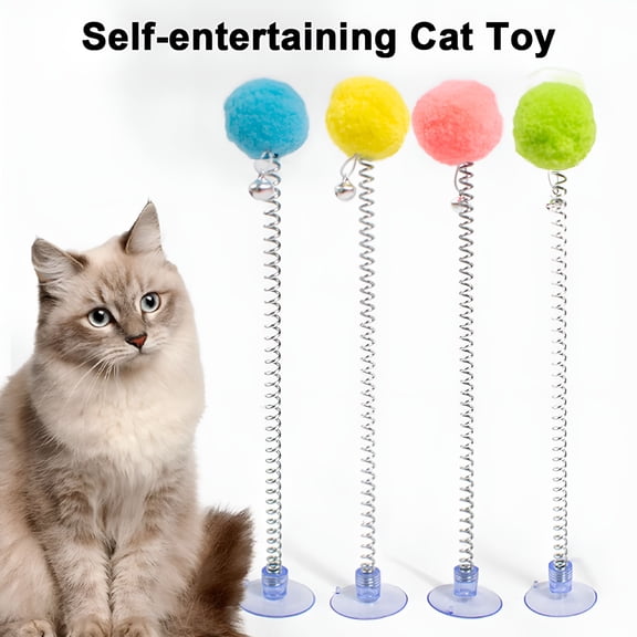 BESTSKY Spring Cat Teaser Toy with Plush Ball, Interactive Suction Cup Wand Stick with Bell, Indoor Cat Entertainment Supplies