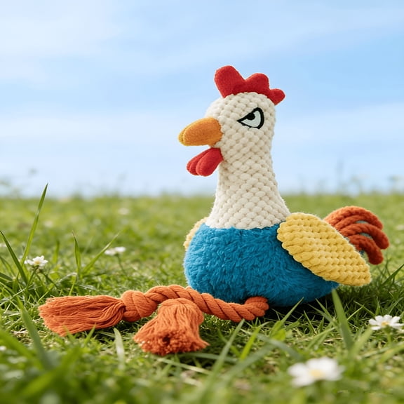 BESTSKY Squeaky Chicken Dog Toy with Rope Legs, Durable Tug Play Rooster Toy for Small Medium Dogs, Cute Pet Chew Toy (Blue)