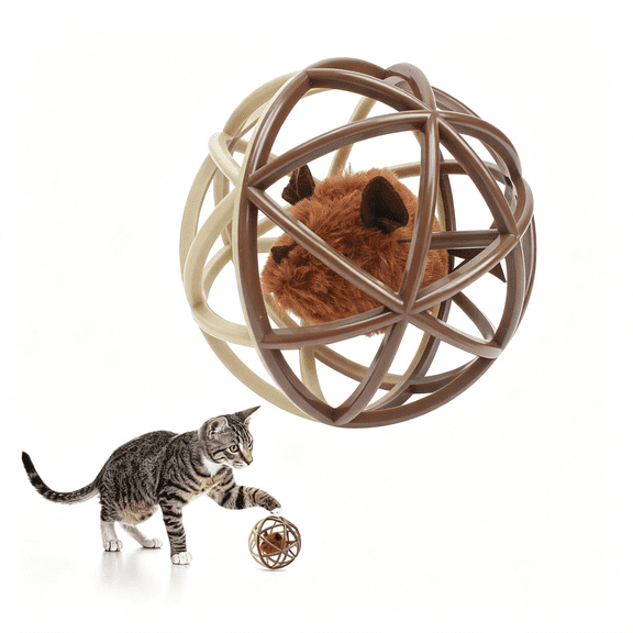 BESTSKY Squeaky Mouse Ball Cat Toy with Simulated Sound,Mouse Inside Cage,Squeaky Balls for Cats to Play Indoor,Interactive Plastic Funny Toys for Chewing Training Playing Chasing (Beige)