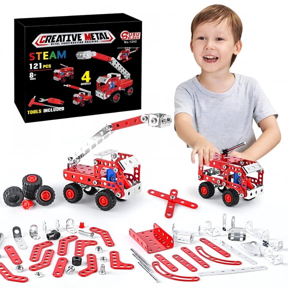 BESTSKY Stem Building Toys for Boys Age 8-14,Erector Sets Fire Trucks Series Model Kit,Assembly Toys for Kids,Metal Building Toys for Model 4 in 1 Fire Fighting Cars (121PCS)