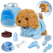 BESTSKY Toddler Vet Kit   Pet Care Play Set, Plush Brown Teddy Dog Grooming Toys & Puppy Carrier