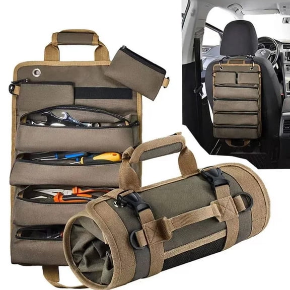 BESTSKY Tool Roll Up Bag,1680D Heavy Duty Tool Bag Organizer with 2 Detachable Tool Pouches&Multiple Pockets,Waterproof Motorcycle Tool Roll for Mechanic&Electrician