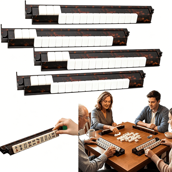 BESTSKY Tortoise Shell Mahjong Racks with Pushers,17.5 Inch Extended Acrylic Tile Holder Set of 4,Non-Slip American Style Tabletop Accessories for Daily Tile Building