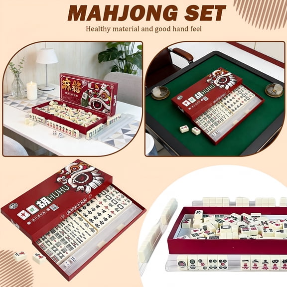 BESTSKY Travel Mahjong Set,Chinese Mahjong Set,Mahjong Tile Set,Mahjong Game Set,with 4 Built-in Tile Slots and 2 Dice,for on-The-Go Gaming Sessions,Holiday Getaways,and Casual