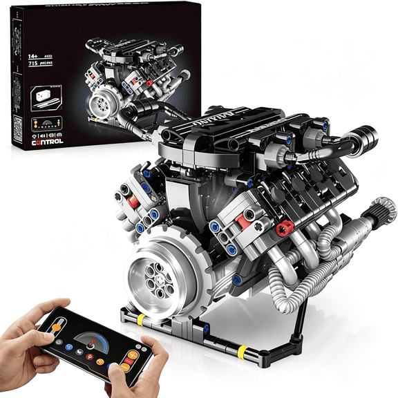 BESTSKY V8 Engine Kit That Work, Visible Car Engine Model Kit with Motor and Lights, Build Your Own Car Engine Kit with App Control Kit, STEM Project for Kids Adults 14+