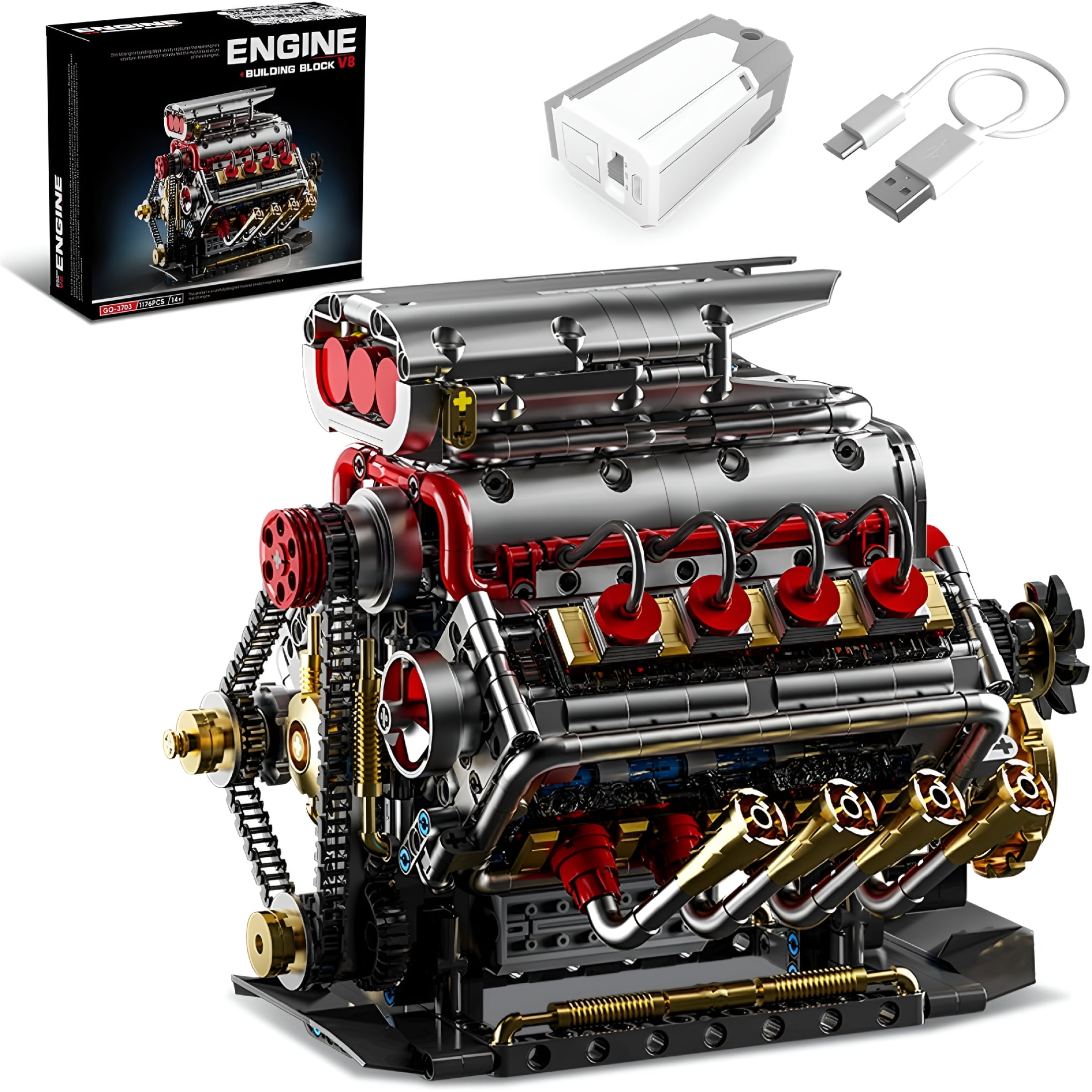 BESTSKY V8 Engine Model Kit That Runs, 8-Cylinder Car Engine Building Set with Rechargeable Motor, Compatible with for Adults, Engineering Construction Toy for Teens Boys (1176 PCS)