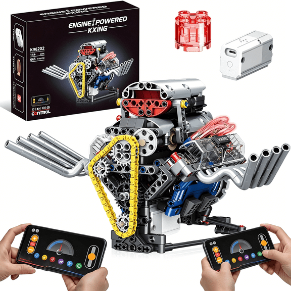 BESTSKY V8 Engine Model Kit That Works, APP Controlled Mini V8 Engine Building Block Set for Adults, Physical Science Experiment Toy with Rechargeable Motor, STEM Project