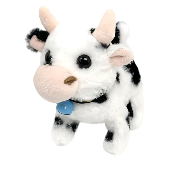 BESTSKY Walking Cow Interactive Electronic Pet Plush Diary Cattle Toy with Sounds and Movements MOO Nodding Head Wag Tail Animated Gift for Toddlers Birthday, 7'' Black Bell