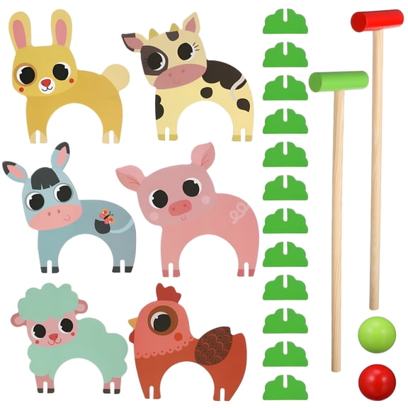 BESTSKY Wooden Animal Croquet Set for Kids, Indoor and Outdoor Croquet Game with Mallets and Wickets, Cute Cartoon Yard Toy, Educational Family Activity Gift for Children