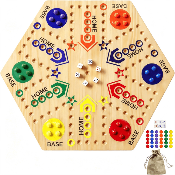 BESTSKY Wooden Board Game,Original Marble Game Double Sided 2-6 Player,15 Inch|Fast Track Board Game Wahoo Board Game with 6 Colors 30 Marbles 6 Dice for Family Game Night,Gifting