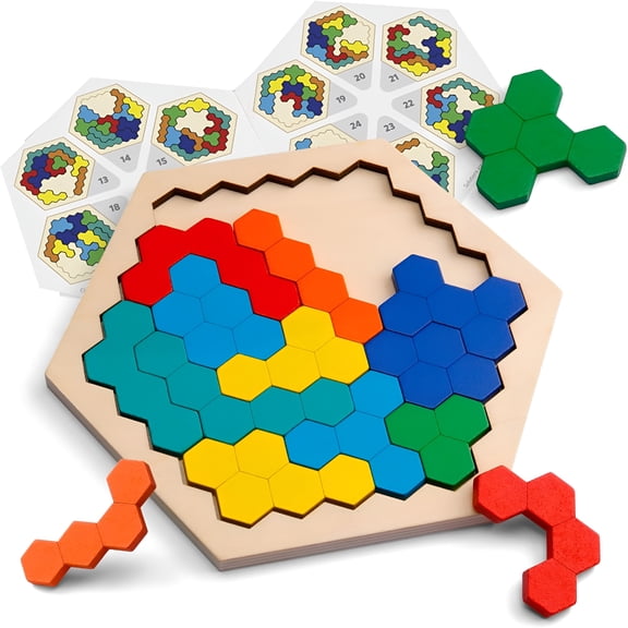 BESTSKY Wooden Hexagon Puzzle for Kids and Adults Shape Pattern Block Tangram Brain Teaser Toy Geometry Logic Iq Game Stem Educational Gift for All Ages
