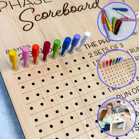 BESTSKY Wooden Phase 10 Scoreboard and Round Tracker, Sheets with 8 Colored Pegs, Classic Family Adults Board Card Games, Party Board Game, Strategy Games