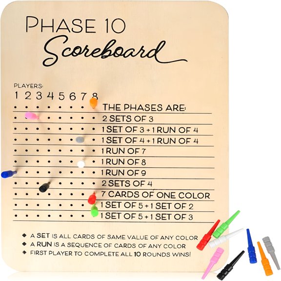 BESTSKY Wooden Score Board with Round Tracker Reusable Score Keeper for Card Games Family Game Night Travel Parties Includes 8 Colored Pegs Solid Wood Game Scoreboard