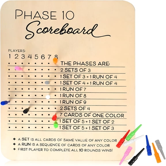 BESTSKY Wooden Score Board with Round Tracker  Reusable Score Keeper for Card Game, Family Game Night, Travel & Parties  Includes 8 Colored Pegs