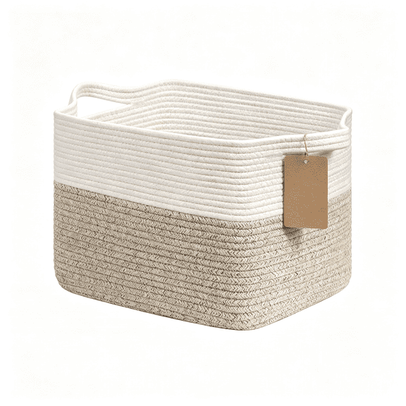 BESTSKY Woven Storage Basket, Cotton Rope Basket for Dog Toys, Books, Stylish Gift Basket with Handles, 13 X 10 X 9"Es Square Baskets for Organizing, Brown and White