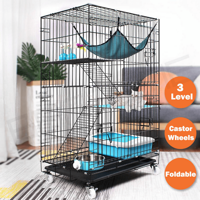 BESTSLE Cat Cage 3 Tier Pets Playpen Cat Kennel with 3 Doors Casters Tray Hammock Pumpkin Nest Perfect for 1 3 Cats