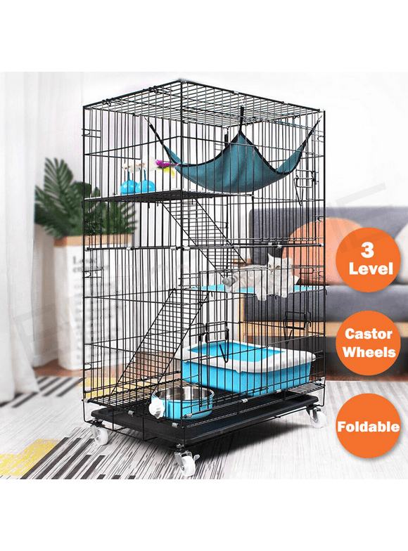 BESTSLE Cat Cage  3 -Tier ,Pets Playpen Cat Kennel,with 3 Doors, Casters, Tray, Hammock, Pumpkin Nest . Perfect for 1-3 Cats