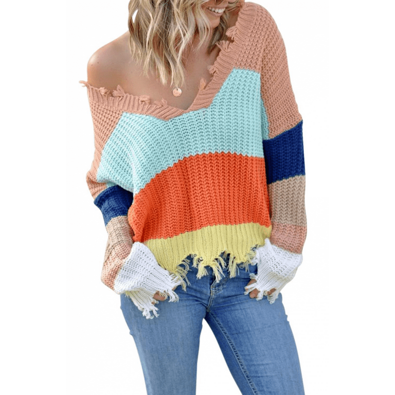 Color block distressed sweater online