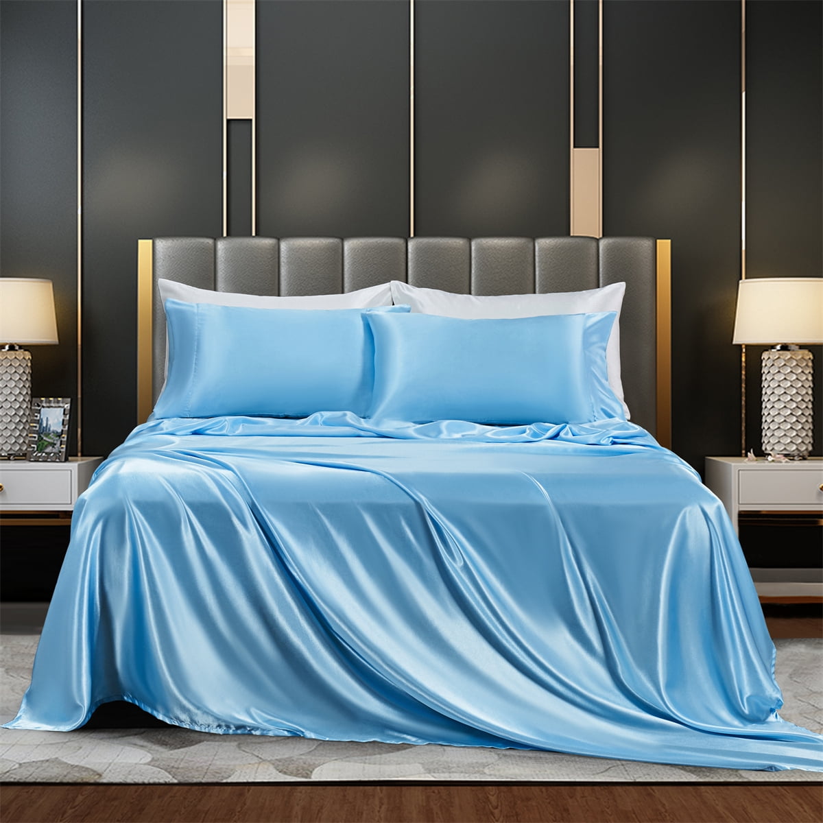 BESTSPR 4Pcs Satin Sheet Set Queen Size Ultra Silky Soft Satin Queen Bed Sheets with Deep Pocket