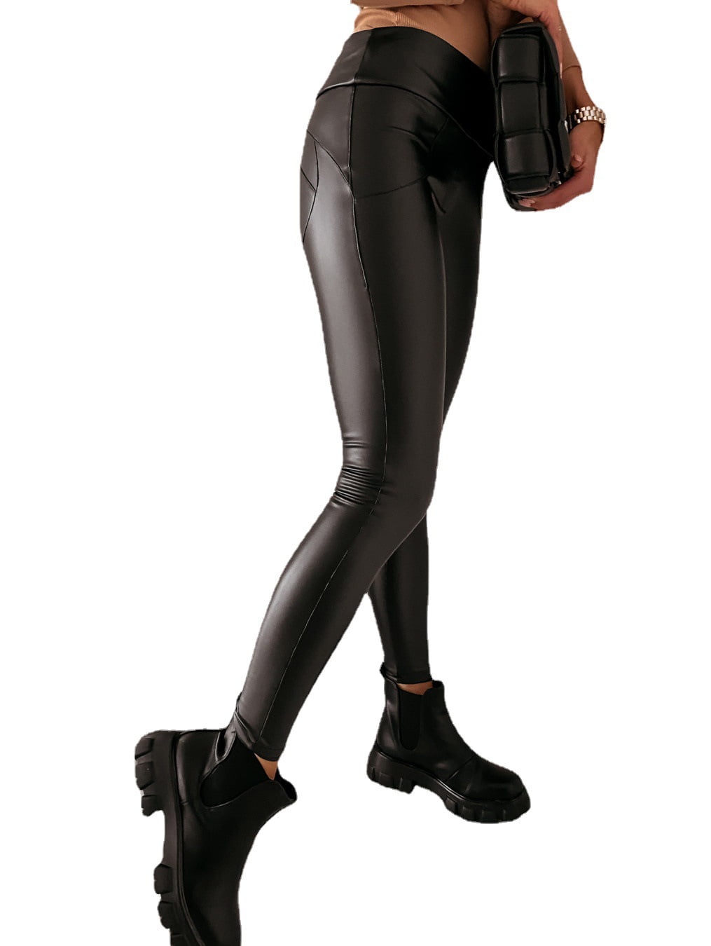 BESTSPR Autumn And Winter Slim High Waist With Pockets Pu Tight Leather  Pants Female 