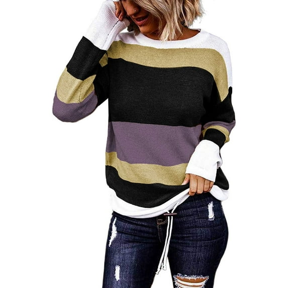 BESTSPR Fall Sweaters for Women 2023 Long Sleeve Color Block Striped Sweaters Casual Crew Neck Knitted Tops Pullover Jumper Drawstring