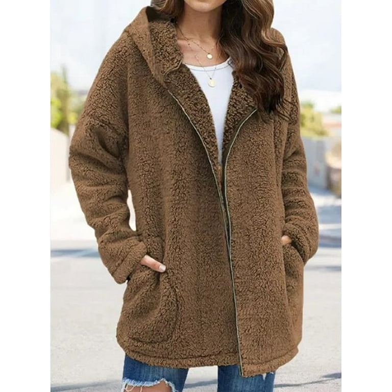 BESTSPR Sherpa Jacket Women Solid Color Long Sleeve Hooded Plush