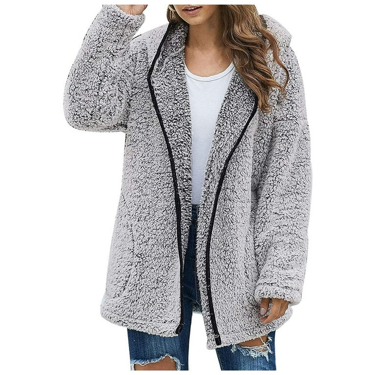 BESTSPR Sherpa Jacket Women Solid Color Long Sleeve Hooded Plush