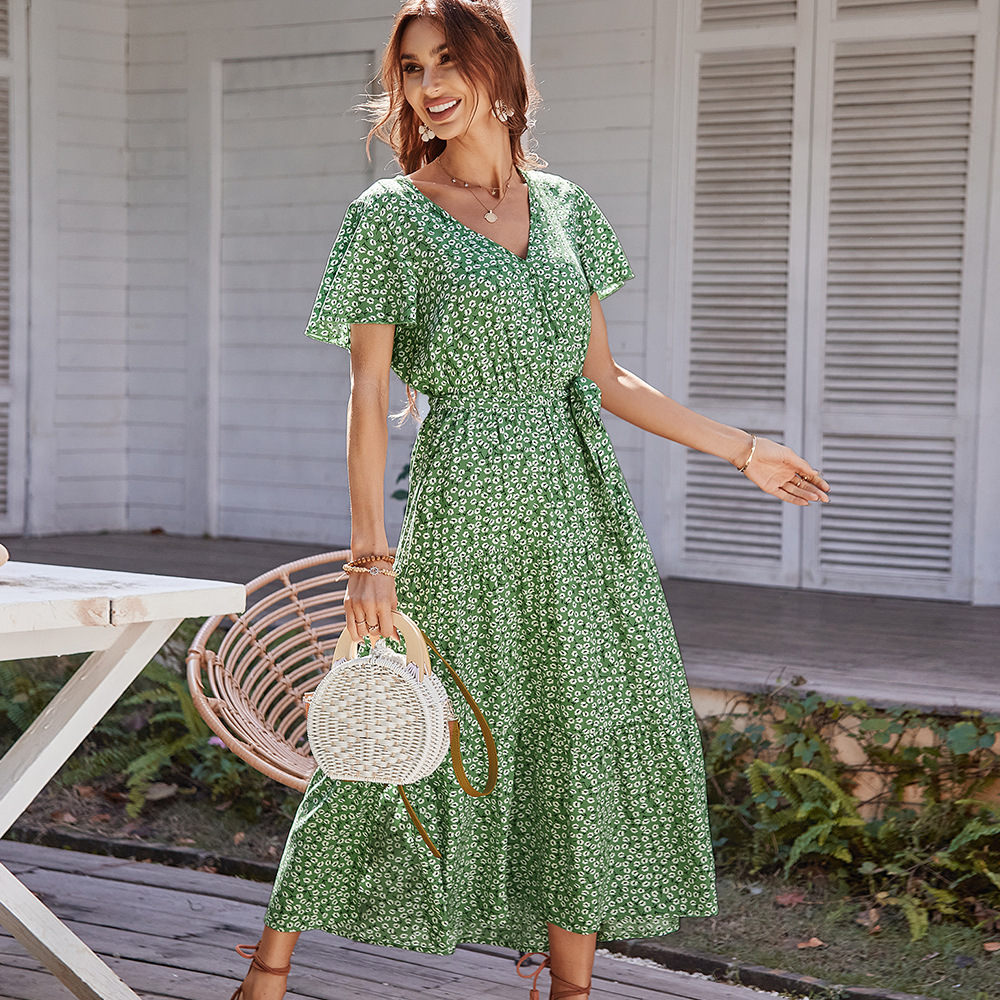 BESTSPR Summer Dress for Women Floral Wrap V Neck Short Sleeve Belted Ruffle Hem A Line Bohemian Maxi Dresses Walmart