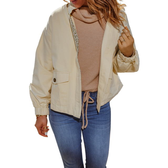 BESTSPR Winter Jacket for Women Beige Floral Patchwork Pockets Loose