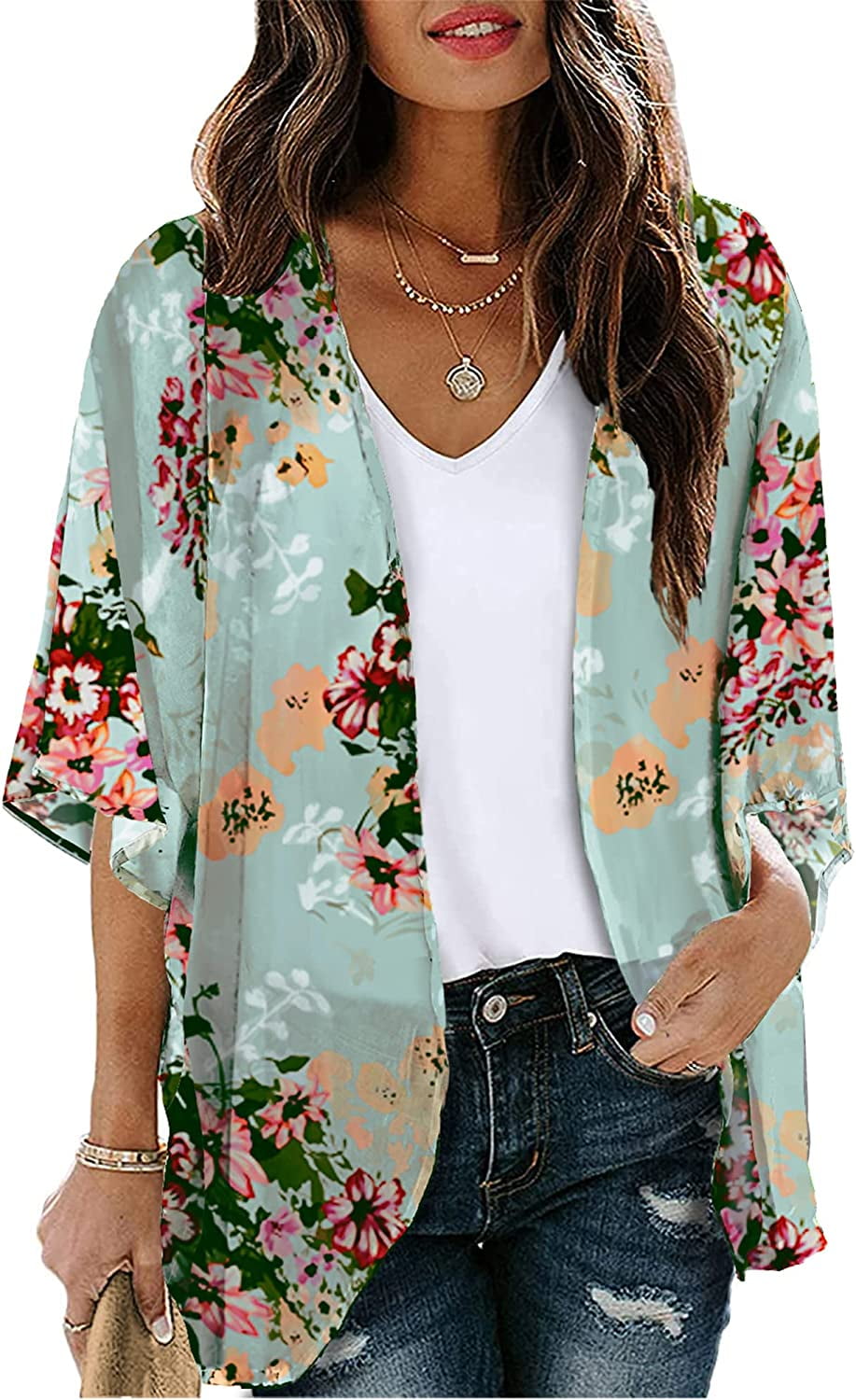 BESTSPR Women Floral Print Lightweight Chiffon Kimono Cardigan Short Sleeve  Loose Beach Wear Cover Up Blouse Top