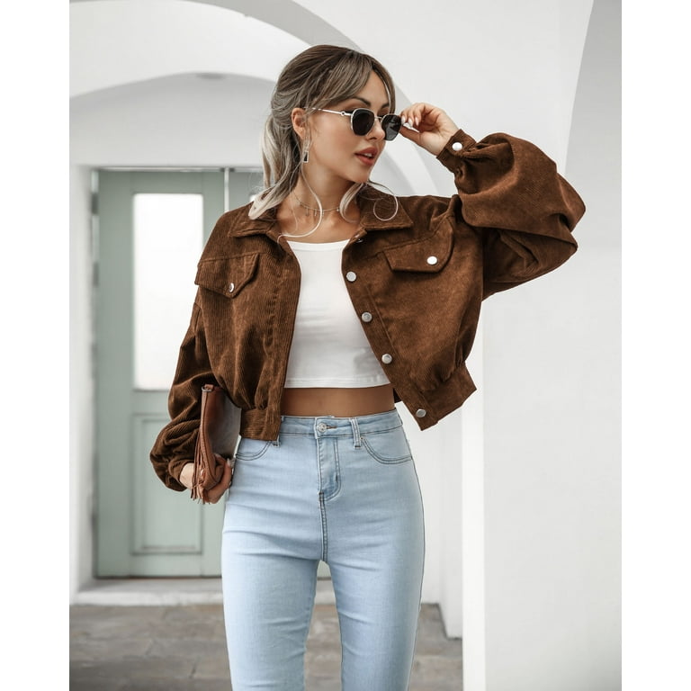 BESTSPR Women s Solid Color Loose Spliced Fall Winter Casual Lapel Corduroy Jacket Women s Lantern Sleeve Single Breasted Short Jacket S XL